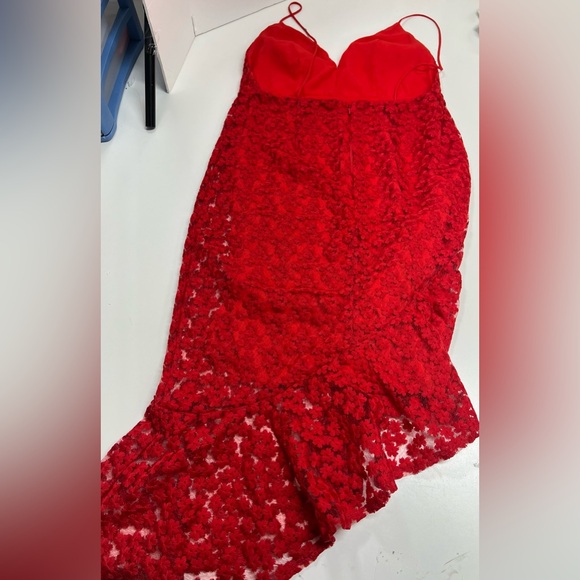 TOPSHOP Lace Plunge Asymmetrical Hem Midi Dress in Red Size US 10 - Picture 4 of 15
